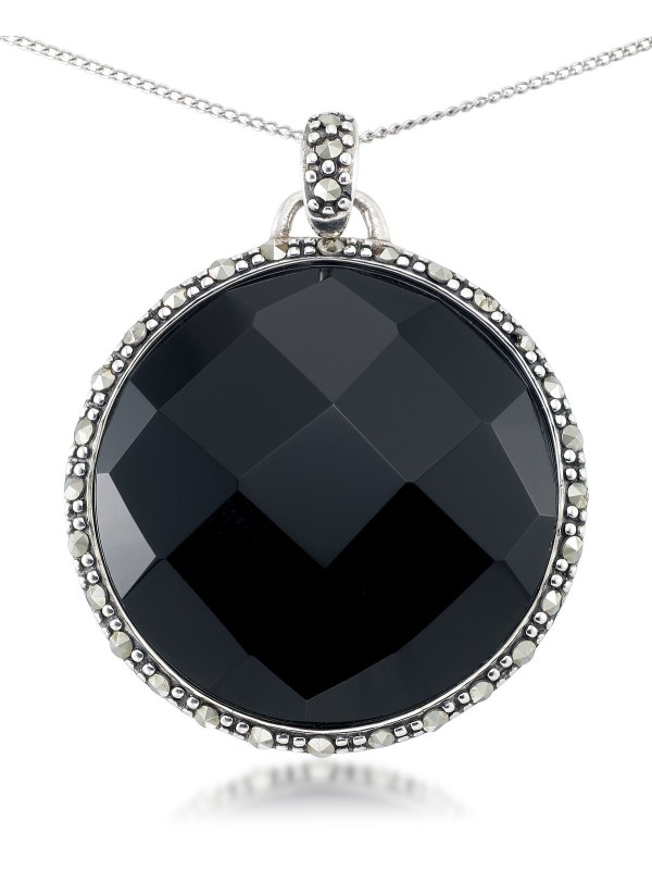 Faceted Onyx (28 x 5mm) & Marcasite Medallion Pendant on 18