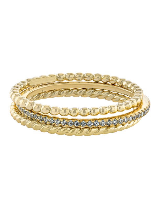 Cubic and Twisted Band Beaded Stackable Ring Trios in Gold Over