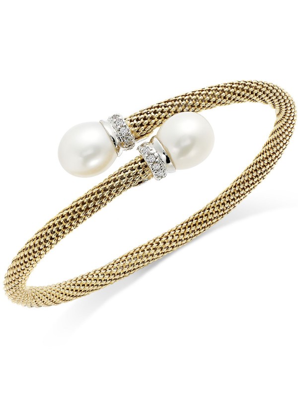 Cultured and Cubic Mesh Cuff Bracelet in 14k Gold over (10mm)