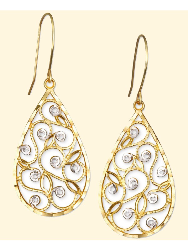 Two-Tone Filigree Teardrop Drop Earrings in 10k Gold