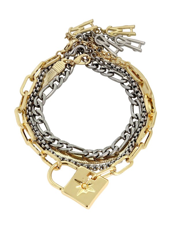 Two-Tone Lock Charm Bracelet Set, 4 Pieces