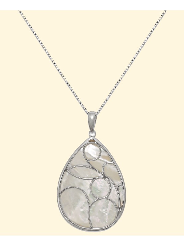 Caged Teardrop of Genuine White Mother of Pendant Set in